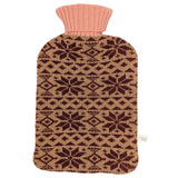 A knit hot water bottle cover with a brown and beige Nordic snowflake pattern and a ribbed pink neck, shown on a plain white background.