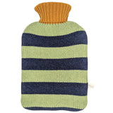 A knitted hot water bottle cover with horizontal stripes in light green and navy blue, featuring a ribbed mustard yellow neck, shown on a plain white background.