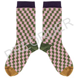 ANKLE SOCKS - cotton - women's - CHECK - dusky pink/khaki - CASE SIZE 3