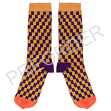 Pair of socks with purple and yellow checkered pattern on a white background