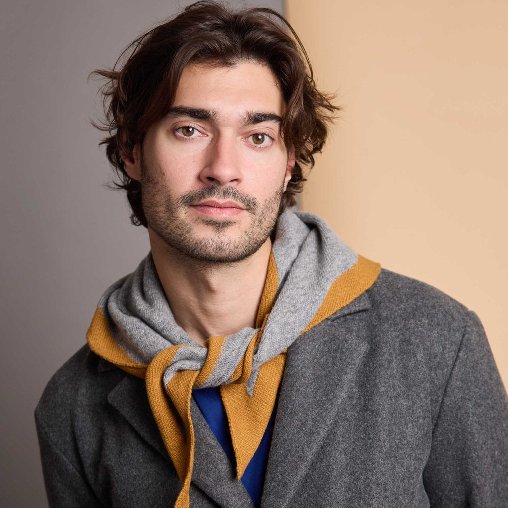 Lambswool Triangle Neckerchief Scarf - Mid-Grey & Mustard Trim