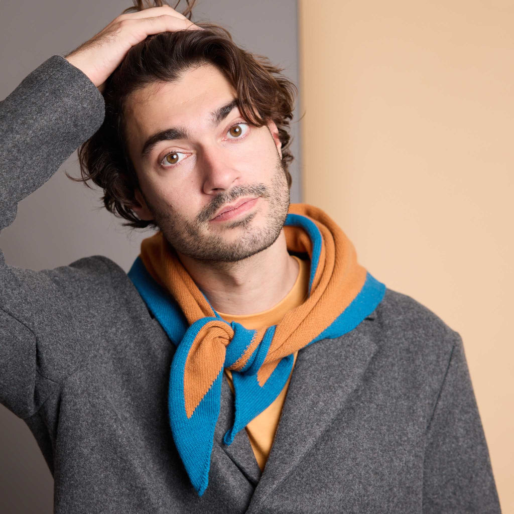 Lambswool Triangle Neckerchief Scarf - Rust & Teal Trim