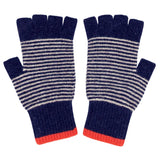 Unisex Lambswool Fingerless Gloves - Navy & Mushroom Stripe