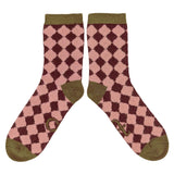 ANKLE SOCKS - Lambswool - Women's  - Diamonds - Pink/Red