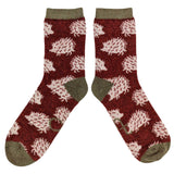 Women's Soft Lambswool Ankle Socks - Dark Red Hedgehogs