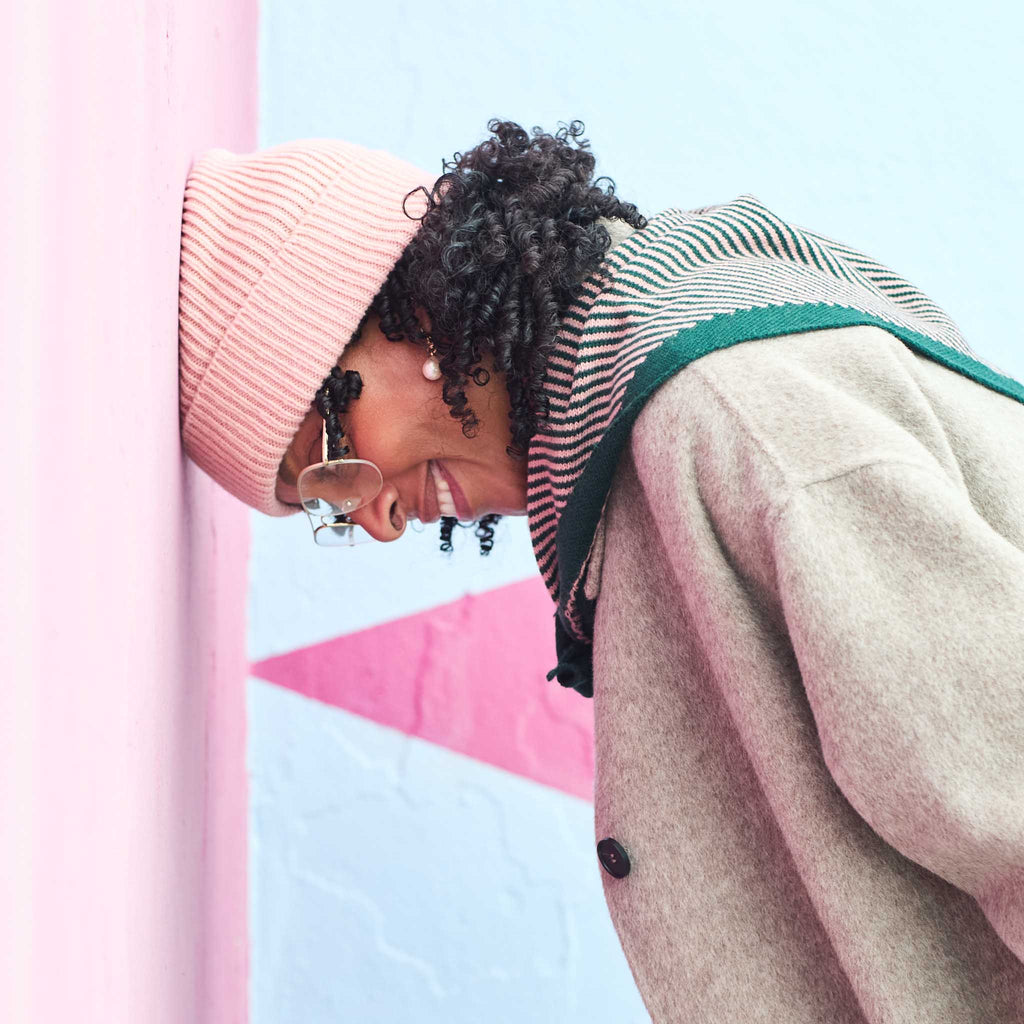 pink beanie & green stripe scarf