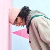 pink beanie & green stripe scarf