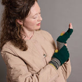 Women's Lambswool Fingerless Gloves - Fir Green & Citrus