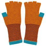 Pair of orange and blue fingerless gloves on a white background