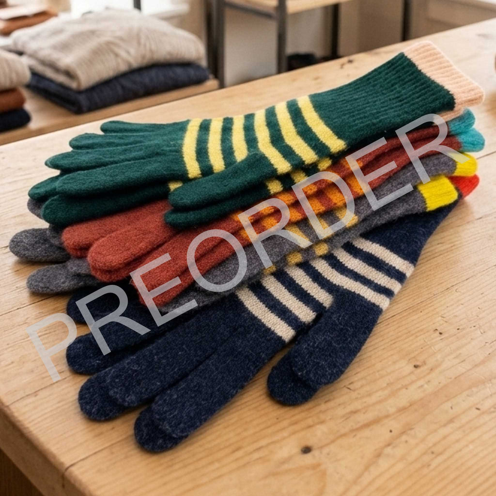 GLOVES - Lambswool - Womens - Stripe - Green/Pink