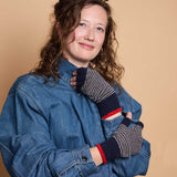 Unisex Lambswool Fingerless Gloves - Navy & Mushroom Stripe