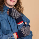 Unisex Lambswool Fingerless Gloves - Navy & Mushroom Stripe