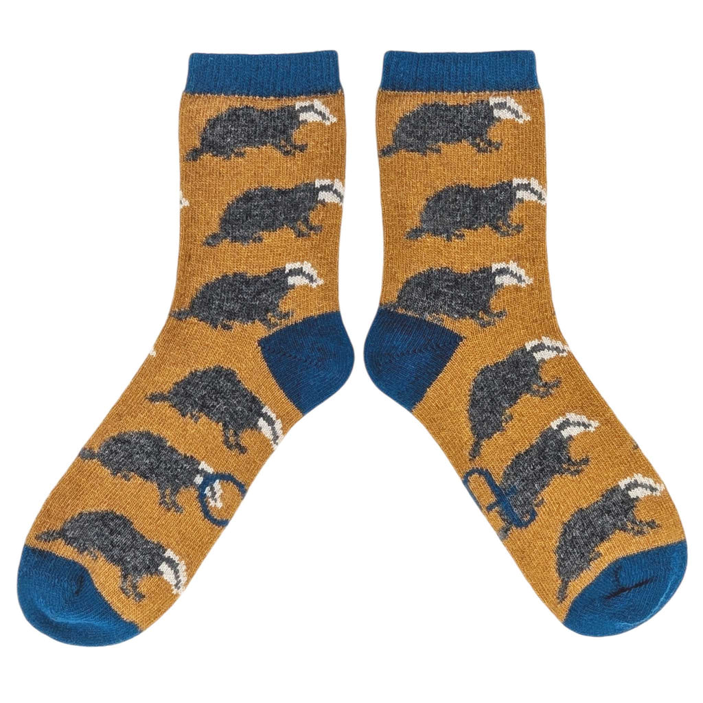 Women's Soft Lambswool Ankle Socks - Mustard Badgers