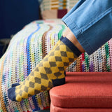 Women's Soft Lambswool Ankle Socks - Yellow & Green Diamond Pattern