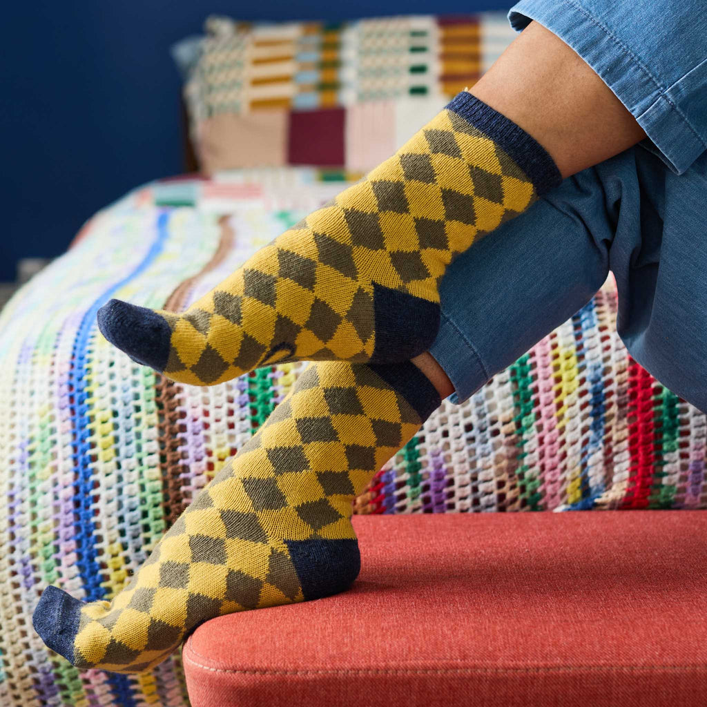 Women's Soft Lambswool Ankle Socks - Yellow & Green Diamond Pattern