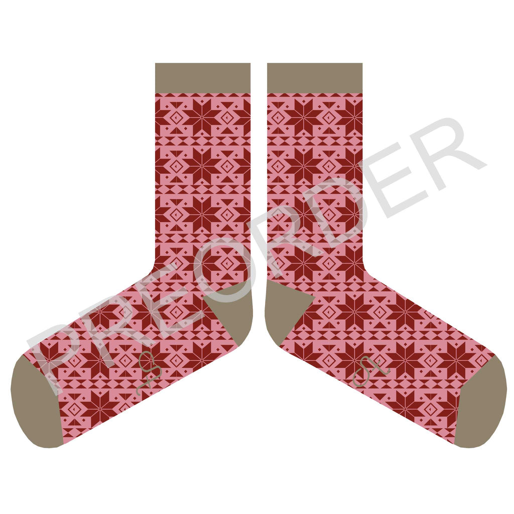 ANKLE SOCKS - Lambswool - Women's  - Fair Isle - Dusky Pink/Red