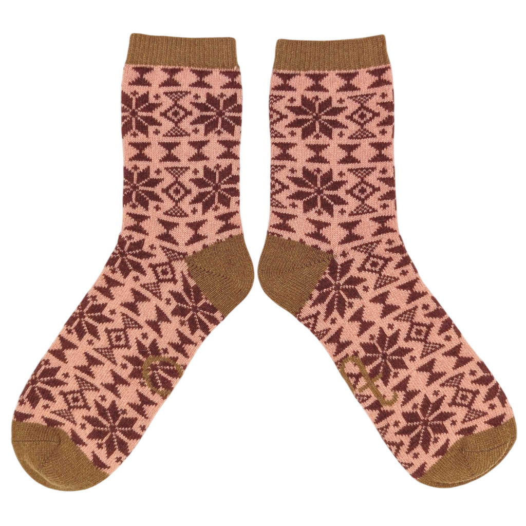 Women's Soft Lambswool Ankle Socks - Red & Pink Fair Isle Pattern