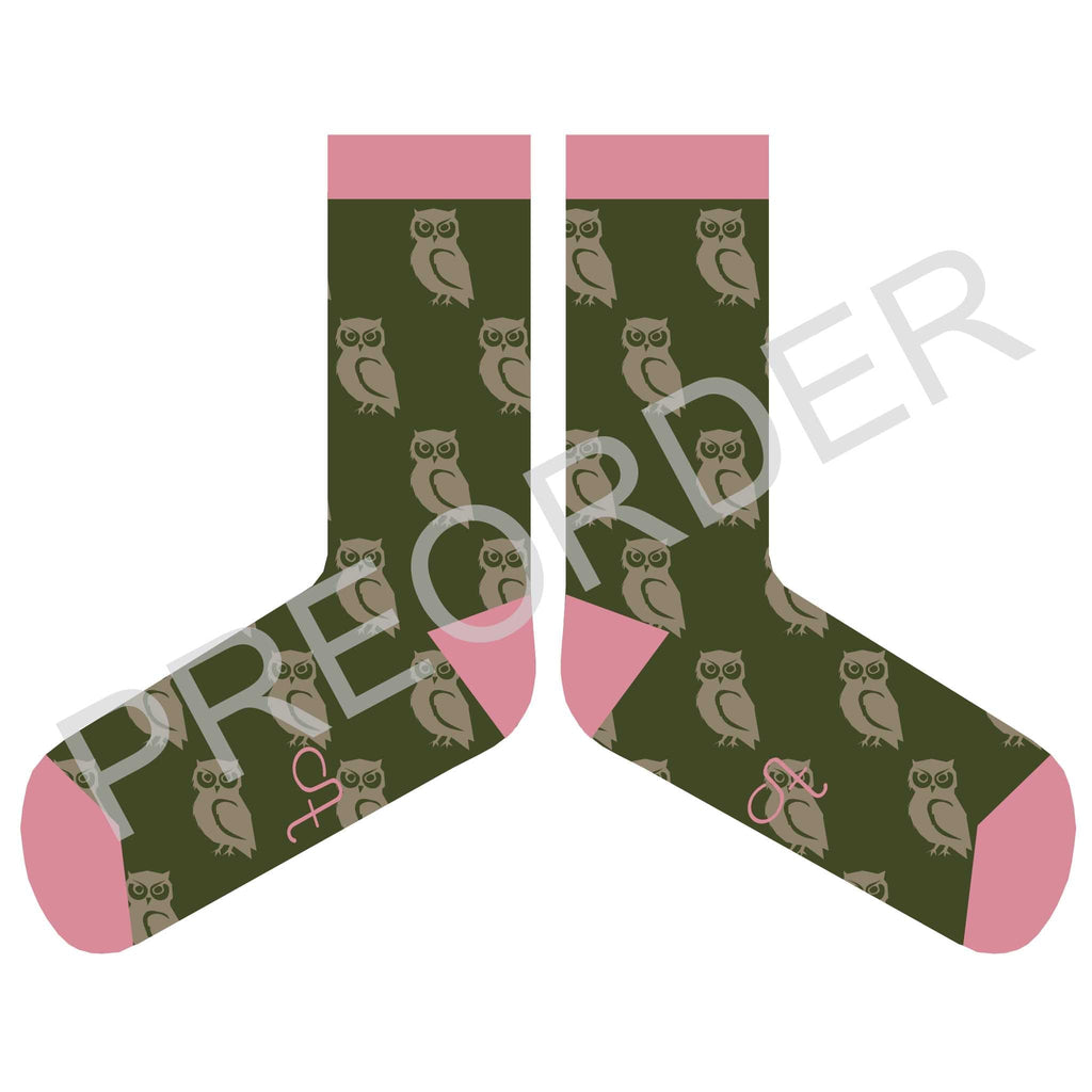 ANKLE SOCKS - Lambswool - Women's  - Owl - Green/Pink