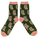Women's Soft Lambswool Ankle Socks - Green Owls