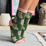 Women's Soft Lambswool Ankle Socks - Green Owls