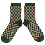 Women's Soft Lambswool Ankle Socks - Green & Pink Checked Pattern