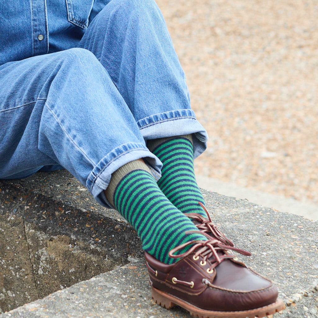 Women's Soft  Lambswool Ankle Socks - Green & Navy Stripes