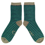 Catherine Tough Women's Soft  Lambswool Ankle Socks - Green & Navy Stripes