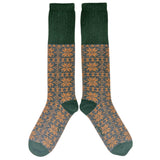 Women's Long Lambswool  Socks - Mustard Fair Isle Pattern