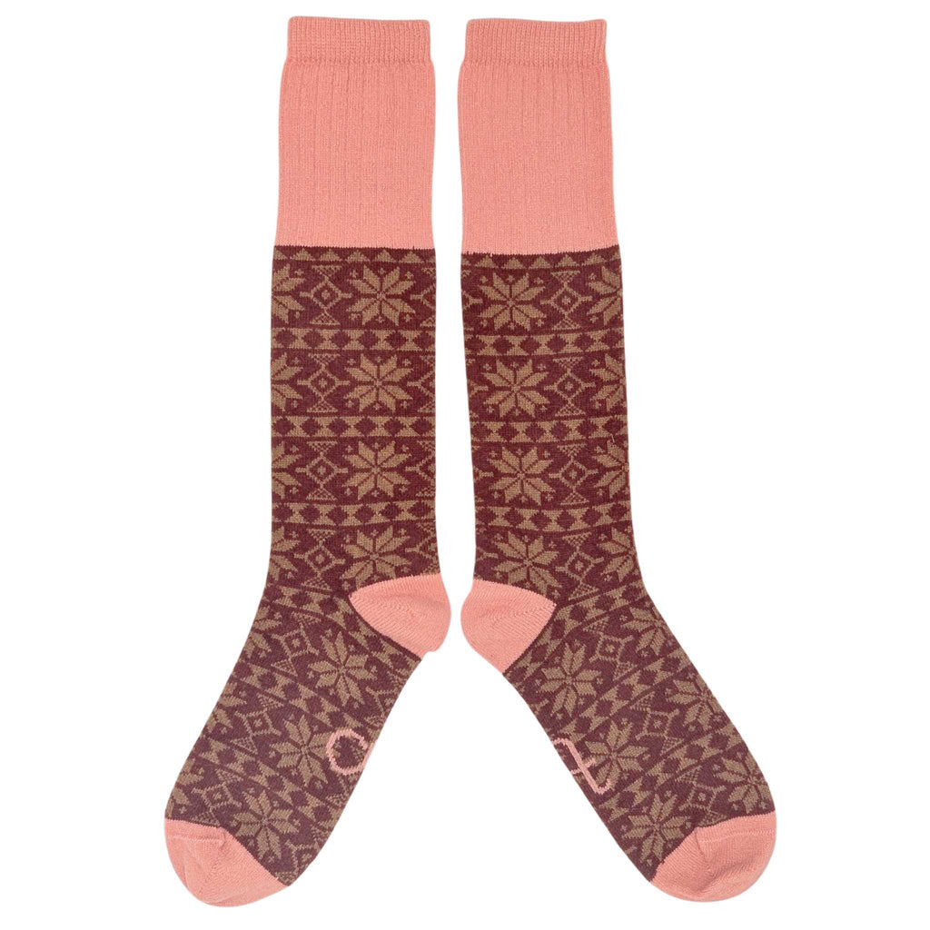 Women's Long Lambswool  Socks - Red Fair Isle Pattern