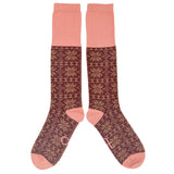 Women's Long Lambswool  Socks - Red Fair Isle Pattern