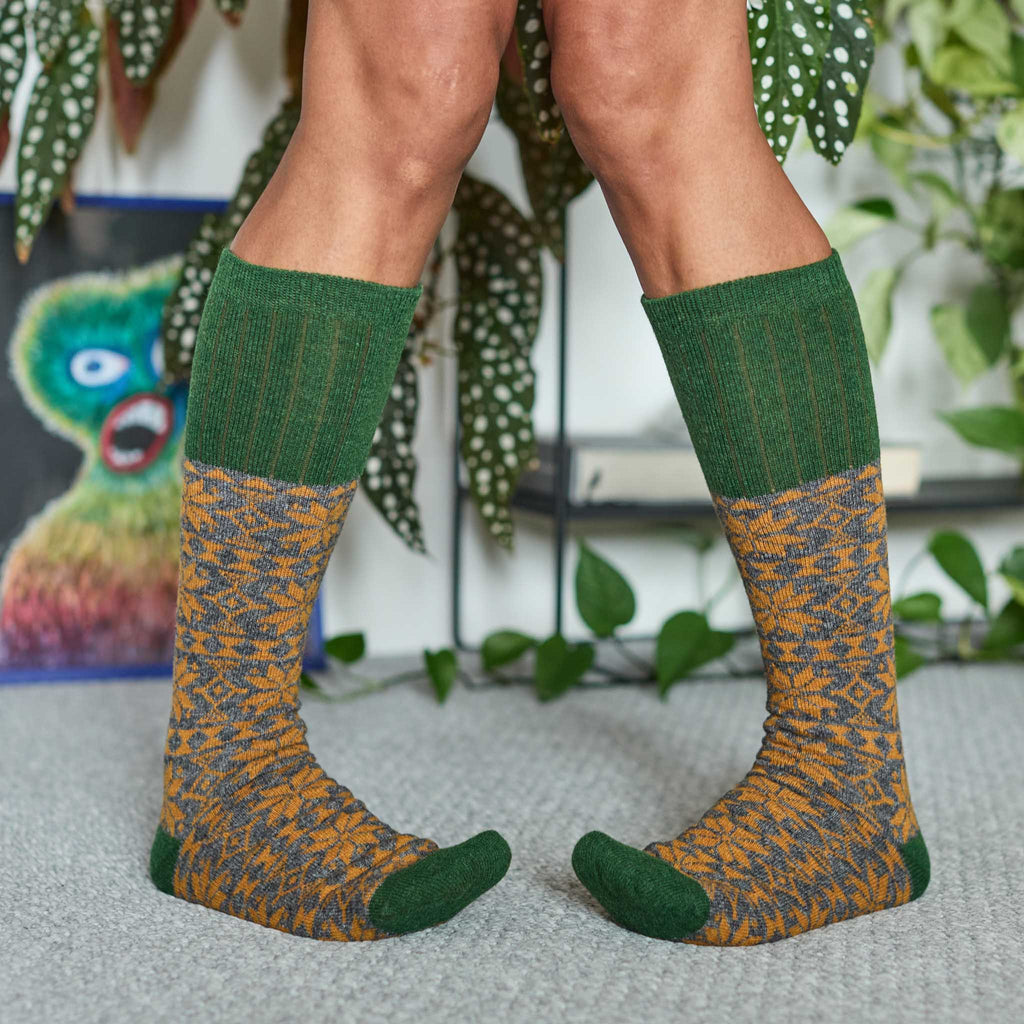 Women's Soft Lambswool Long Socks - Mustard Fair Isle Pattern
