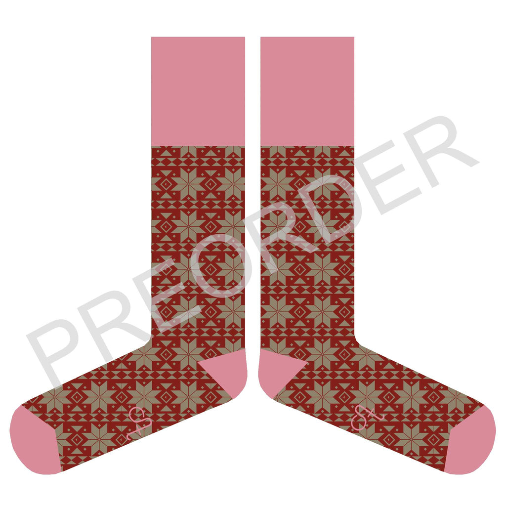 KNEE SOCKS - Lambswool - Women's - Fair Isle - Red/Mushroom