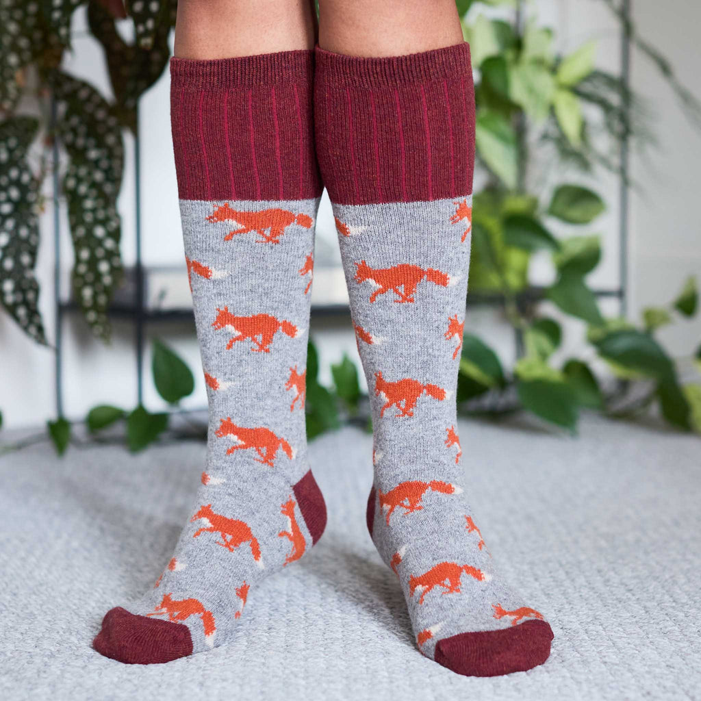 Women's Soft Long Lambswool  Socks - Grey Foxes