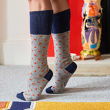 Women's Soft Lambswool Long Socks - Grey & Orange Spots