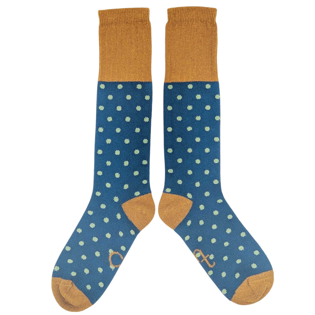 Women's Long Lambswool  Socks - Teal & Mint Spots