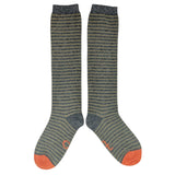Women's Long Lambswool  Socks - Grey & Green Stripes