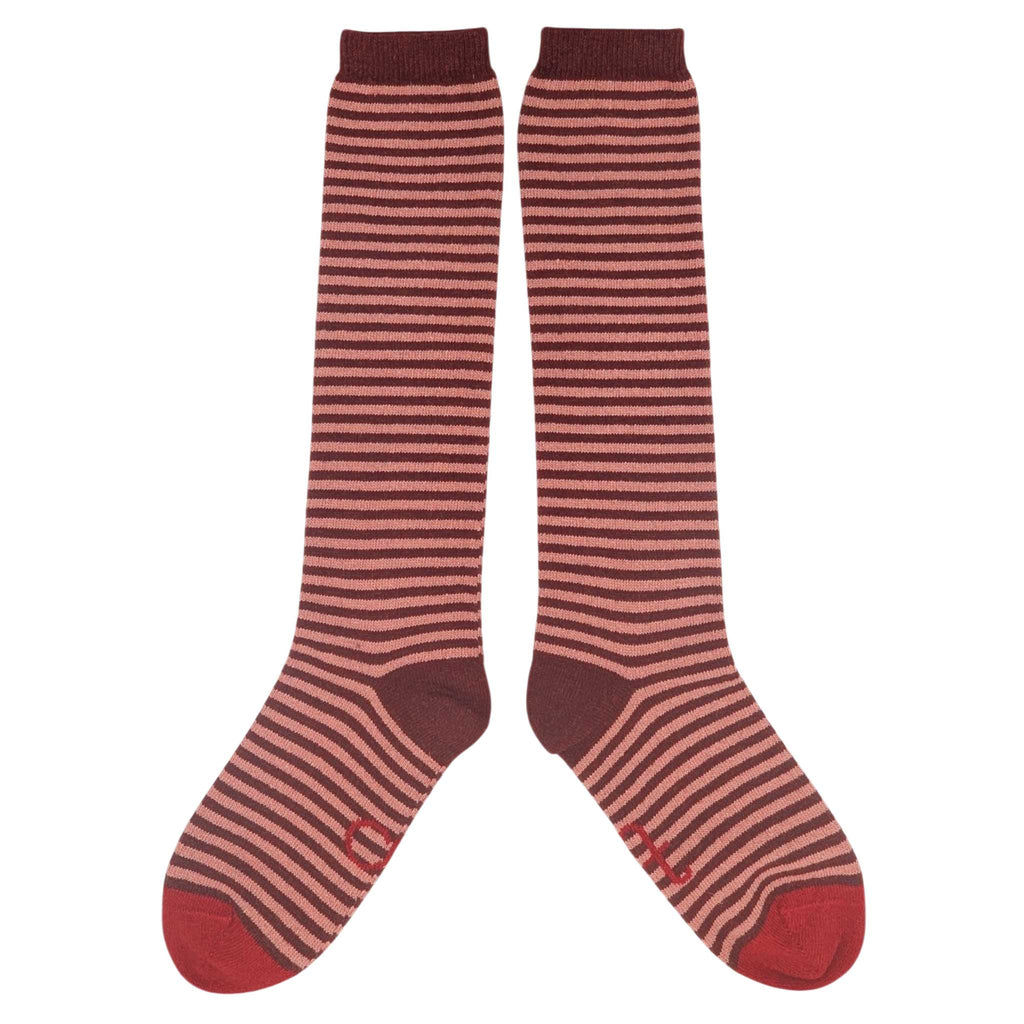 Women's Long Lambswool  Socks - Red & Pink Stripes