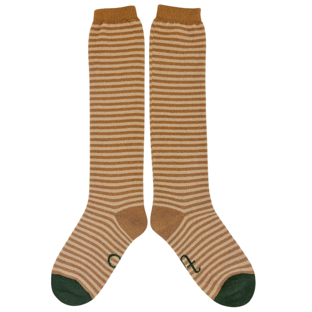 Women's Long Lambswool  Socks - Mustard & Soft Brown Stripes