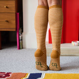 Women's Soft Lambswool Long Socks - Mustard & Soft Brown Stripes