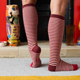 Women's Soft Lambswool Long Socks - Red & Pink Stripes