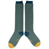 Women's Long Lambswool  Socks - Teal & Mint Stripes