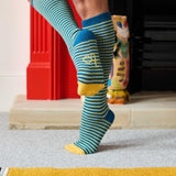 Women's Soft Lambswool Long Socks - Teal & Mint Stripes