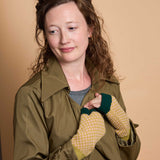Women's Lambswool Wrist Warmers - Green & Pink Check Pattern