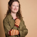 Women's Lambswool Wrist Warmers - Rust & Peach Stripe