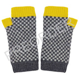 Pair of grey and yellow checked fingerless  wristwarmers on a white background