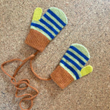 Kids' Lambswool Mittens on a String - Green & Blue Stripe