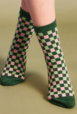 ANKLE SOCKS - Lambswool - Women's  - Squares - Green/Pink