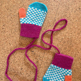 Kids' Lambswool Mittens on a String - Green & Peach Check