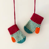 Kids' Lambswool Mittens on a String - Green & Peach Check