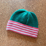 Kids' Lambswool Beanie - Green & Peach Stripe